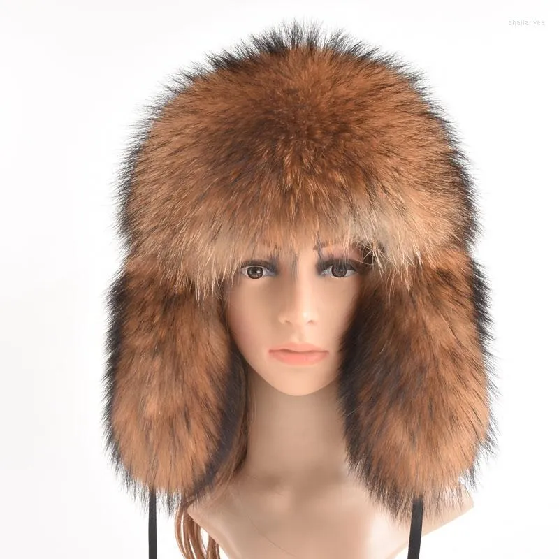 Berets Winter Echte Pelz Hüte Für Frauen Luxus Echte Waschbär Hut Trapper Caps Russische Stil Bombers