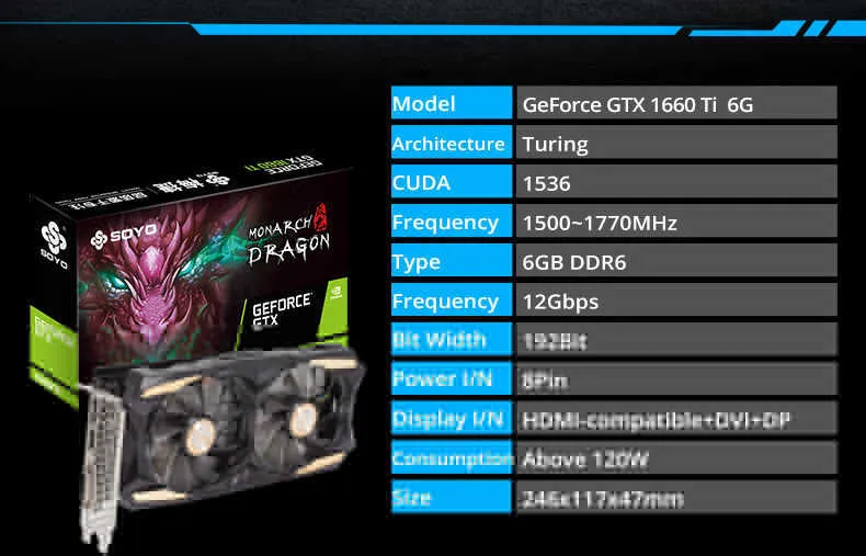 SOYO Monarch Dragon GTX 1660Ti 6GB Graphic Card GDDR6 GPU 192bit