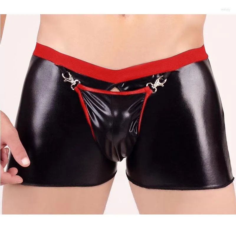 Underpants Men Plus Size U Convex Pouch Boxer PVC Shiny Open Faux Leather Underwear Boxers Shorts Male Erotic Lingerie Gay Wear F18