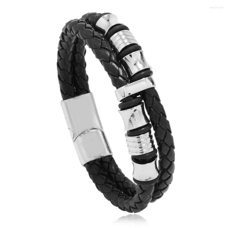 Link Bracelets Black Leather Men's Double Braided Bracelet Handmade Multilayer Magnetic Buckle Alloy Jewelry