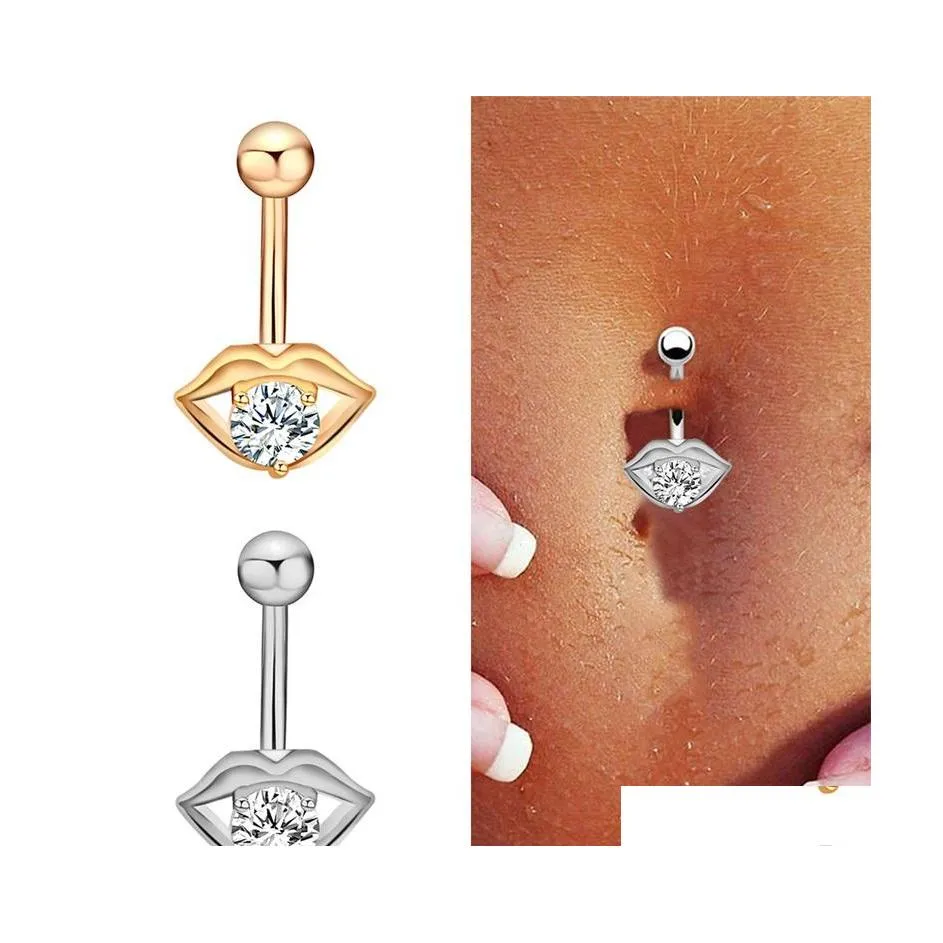 Ombelico Bell Button Rings 1Pc Piercing in acciaio inossidabile Gioielli per il corpo Moda Zircone a forma di labbra Anello di pancia Bar Orecchini di cristallo sexy C Dhmyb