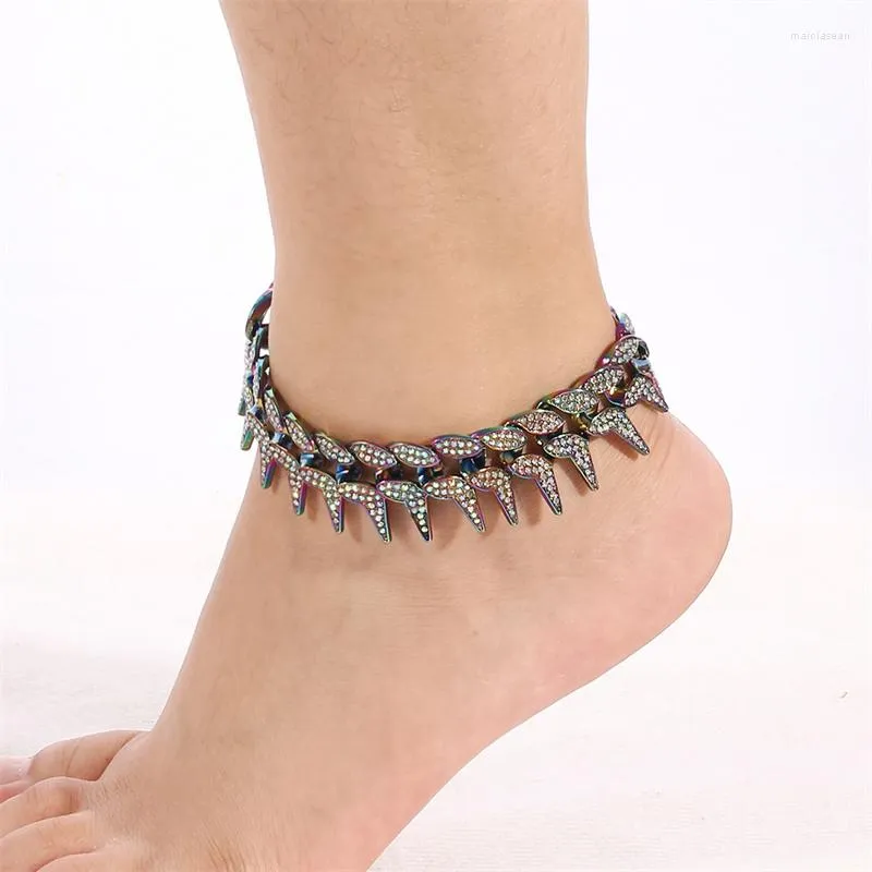 Anklets Hip Hop Punk Chunky Metal Chain Anklet For Women Men Cuban Thorns Link Rhinestone Foot Ankel Armband Beach Jewelry