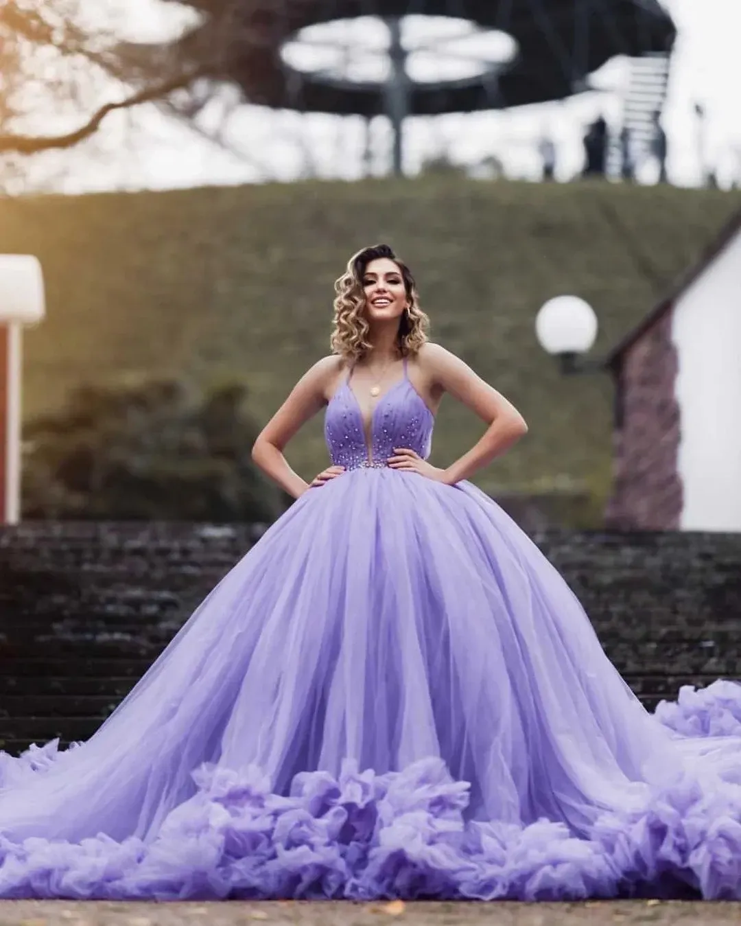 Princess Lavender Prom Dresses Crystals Extra Puffy Party Dresses Ruffles Spaghetti Straps Custom Made Evening Dress