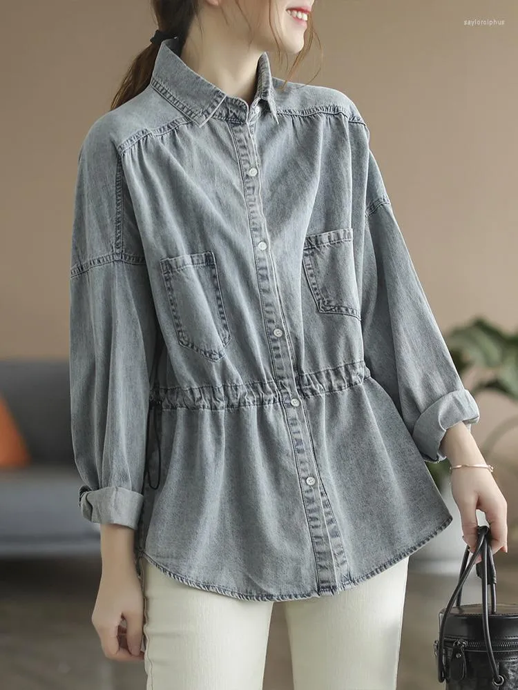 Kvinnors blusar Fairynatural Spring Solid Cotton Retro Loose Casual Ladies European Style Women Street Denim Shirts Elegant Tops