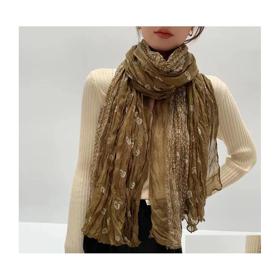 Scarves Cotton Linen Women Pleased Shawls Wrapped Wrap Printed Beach Scarf Vintage Style Drop Delivery Fashion Accessories Hats Glove Ot4L9