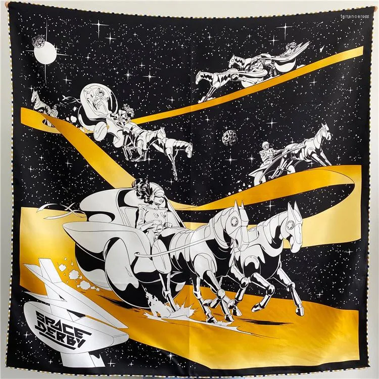 Sciarpe Sciarpa di seta di gelso 90 90 cm Twill quadrato Sciarpe di lusso per le donne Space Horse Bordi arrotolati a mano Bandana