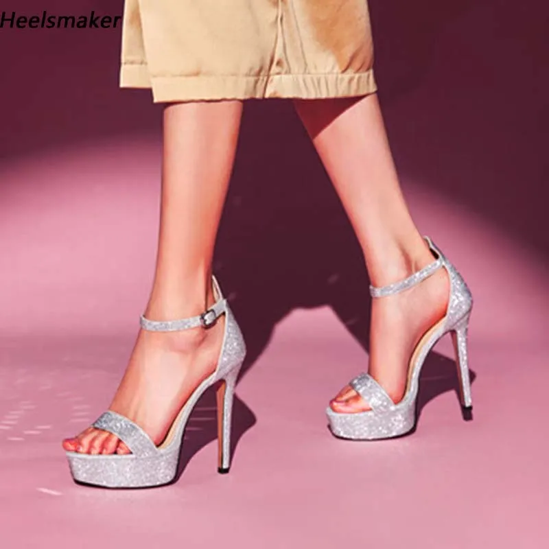 Heelsmaker Handmade Women Summer Sandals Ankle Strap Open Toe Fabulous Silver Party Shoes Ladies Plus US Size 3-9