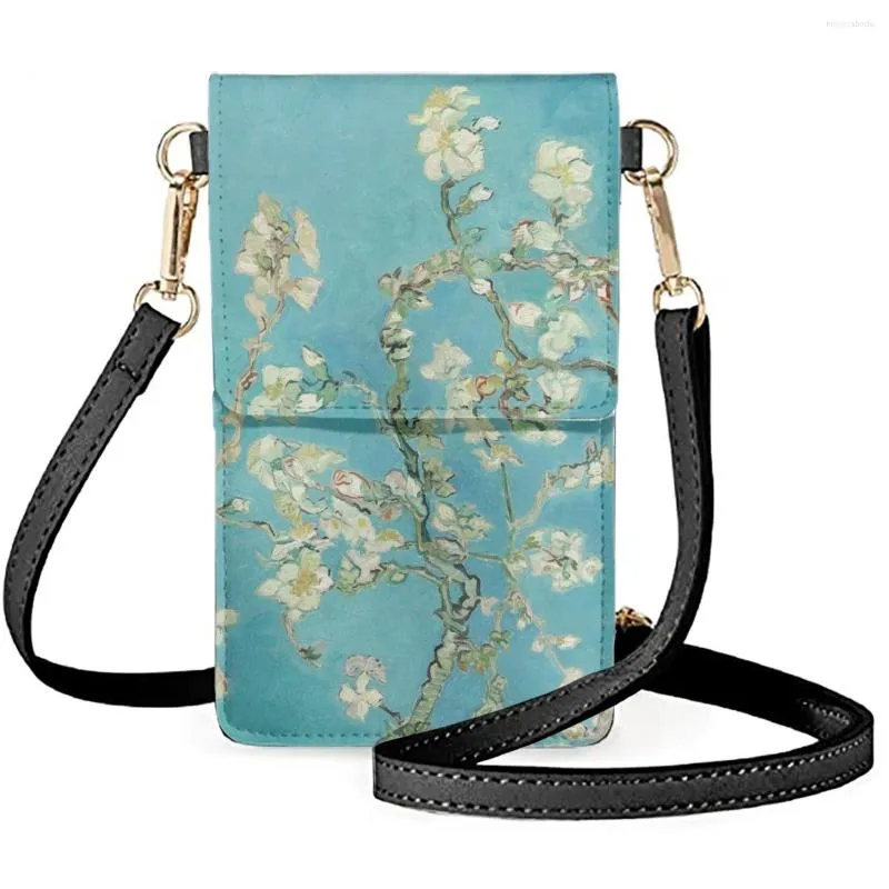 Sacs de soirée FORUDESIGNS Fleur de cerisier Peinture à l'huile Téléphone portable Femme Cuir PU Lady Sac à main Style artistique Messagers féminins Croix