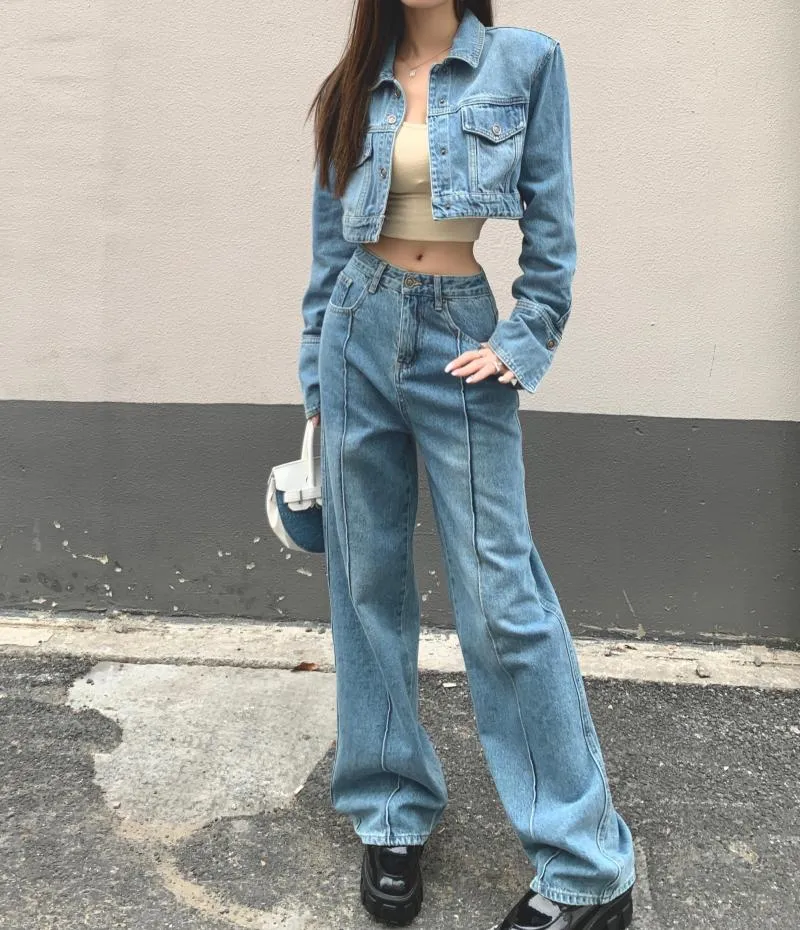 Women's Two Piece Pants Women Solid Full Sleeve Short Denim Jackets Wide Leg Jeans Suits Female Casual Loose 2 Pieces Sets 2023 Spring