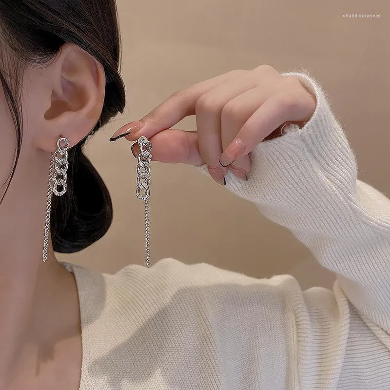 Stud Earrings 925 Silver Needle Tassel Chain Crystal Simple Design Female Korea Jewelry