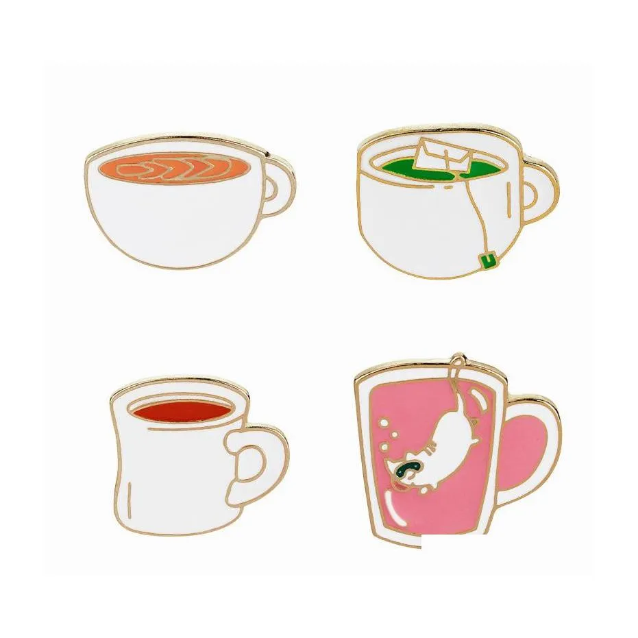 Pins Brooches Cute Cat Coffee Cup Tea Brooch Pins Enamel Suit Shirt Lapel Pin For Women Children Wedding Gift Drop C3 Delivery Jewel Dhhgg