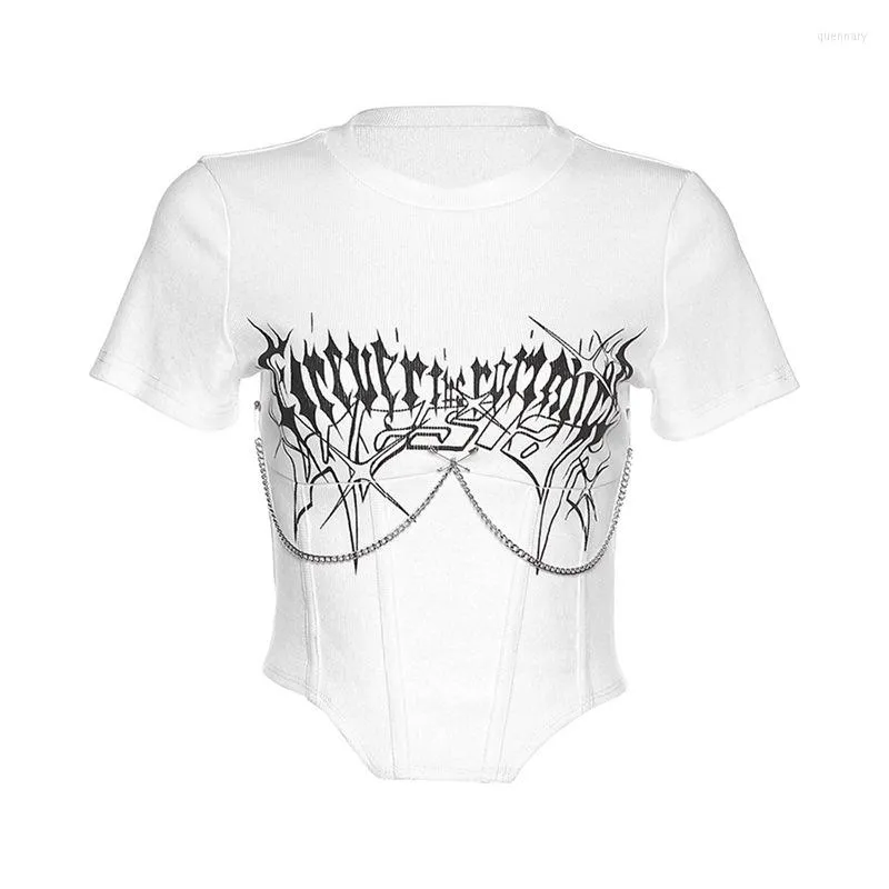 Camas femininas T-shirt escuro gótico Y2K CROP CROP TOP Punk punk harajuku streetwear O-jubos decorar camisetas slim tops blusa clube sexy