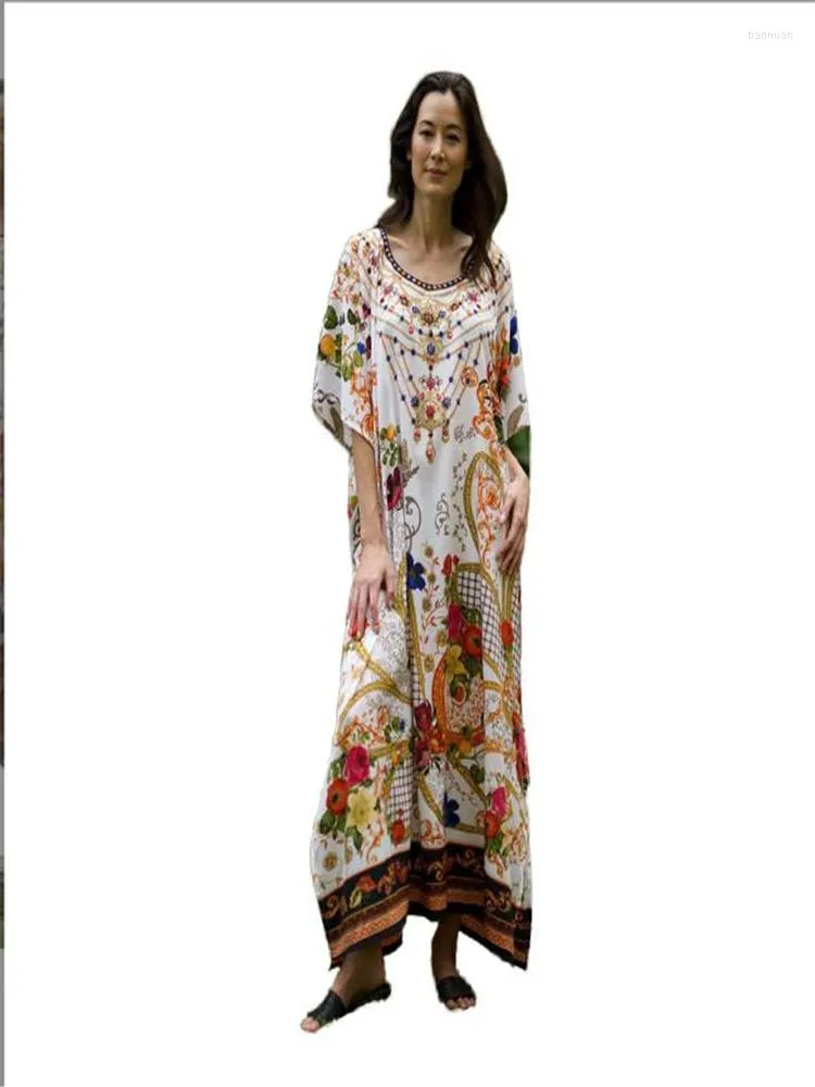 エスニック服の女性花印刷abaya femme middle east丸い首の半袖女性xロングドレスローブムスルマネK1607