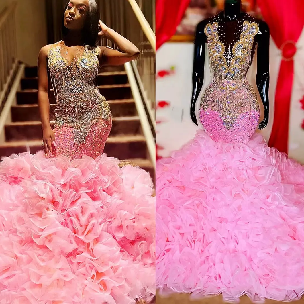 Taille arabe plus rose sirène robes de bal cristaux de perles Aso Ebi soirée formelle fête deuxième réception anniversaire robes de fiançailles