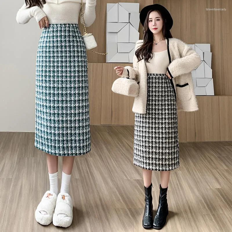 Saias de inverno Tweed Mulheres da cintura alta coreana saia de lã vintage dividir Lady Lady Elegant Long Midi bainha Straight Slim