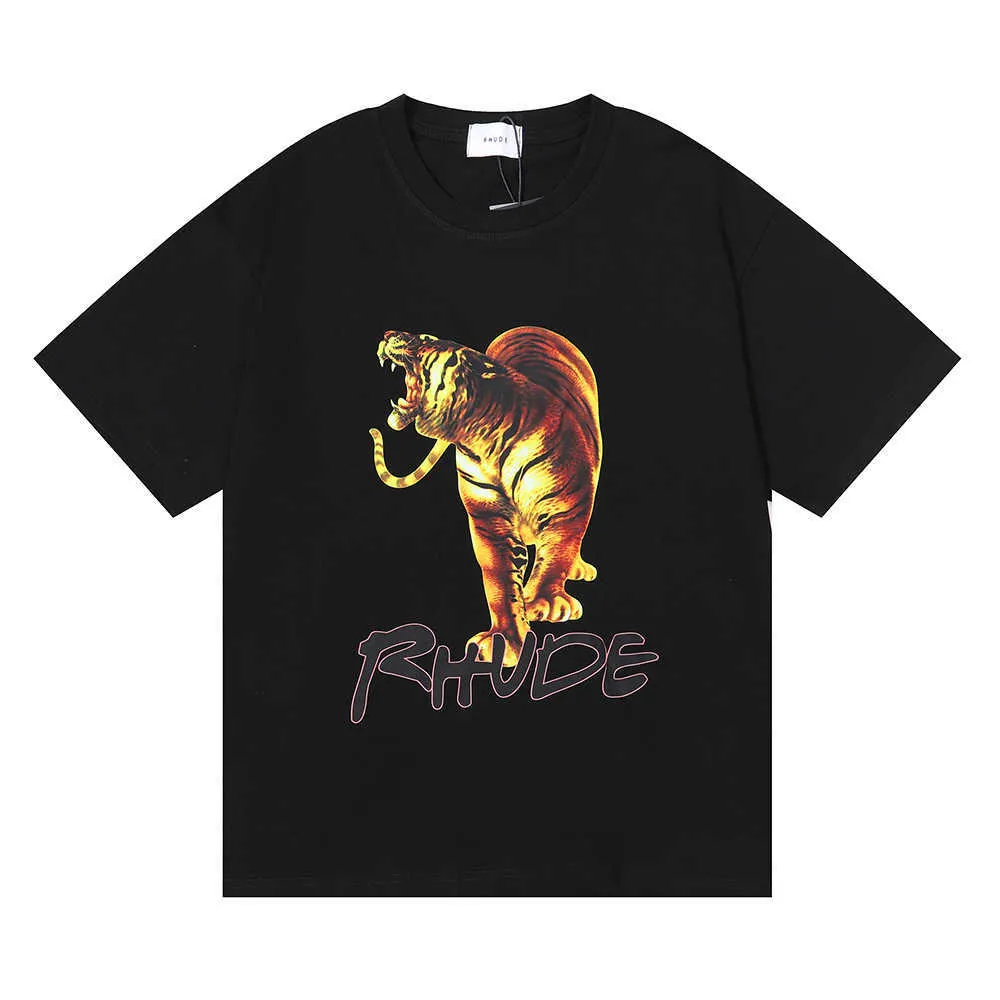 2023 New Men's Rhude T-shirt North American High Street Brand Rhude Ins Fashion Tiger HD Coton Coton Coton Short Sleeve Women's Large Pullover High Quality