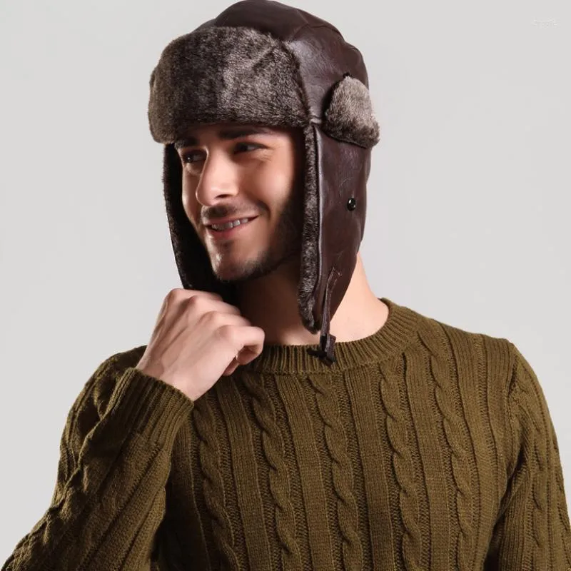 Beretten ht1380 mannen winddichte winter bommenwerper hoeden mannelijke faux bont oor flap Russische dop hoogwaardige leer ushanka trapper