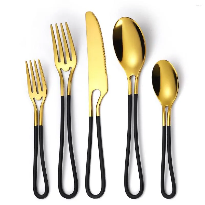 Dinnerware Sets 5Pcs Hollow Cutlery Stainless Steel Shiny Tableware Creative Knife Fork Spoon Black Western Set 5 Pcs