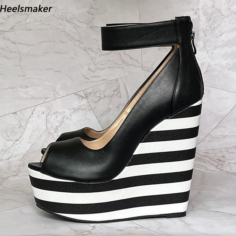 Heelsmakaker Women Platform Pumpar Comfort Wedges Heels Peep Toe Pretty Black White Stripped Party Shoes Us Plus Size 5-20