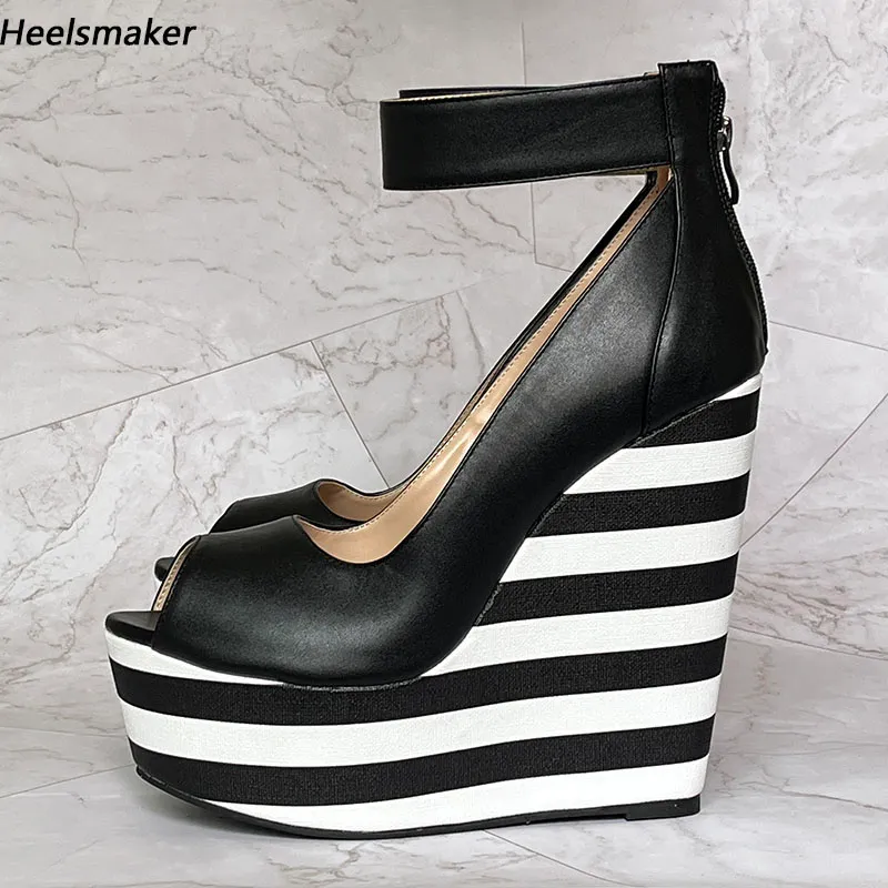 Hakmaker dames platform pompen comfort wiggen hakken piep teen mooi zwart wit gestripte feestschoenen ons plus maat 5-20