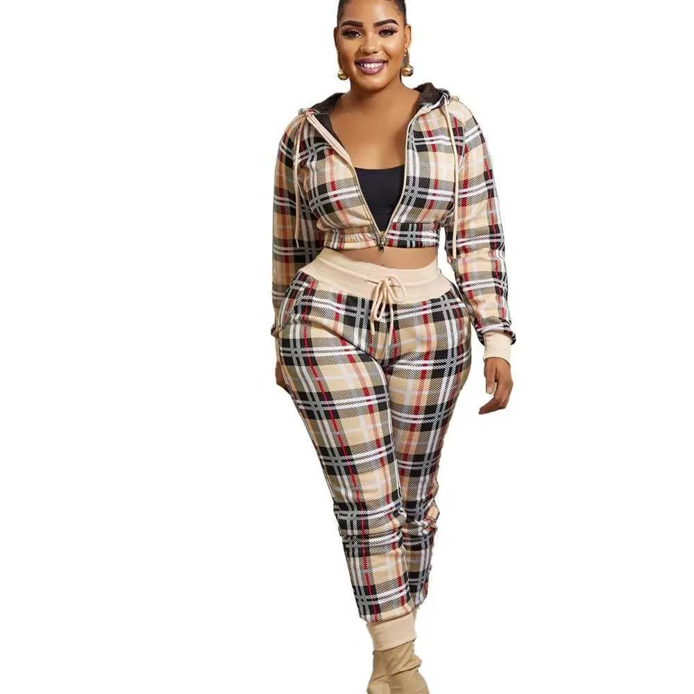 Designer New Womens Tracksuits Plaid Zipper Hooded Coat Pants Fashion Casual Sports Two-piece Set 5 Colours