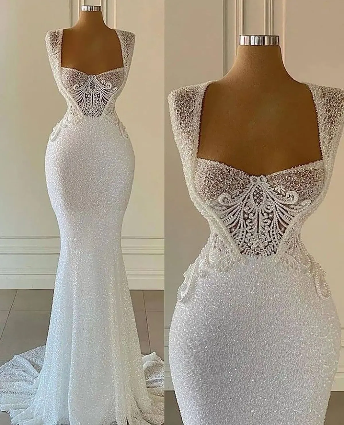 Sexy Mermaid White Wedding Dress Sequin Evening Dress Prom Dress main image 1