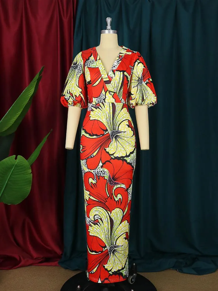 Party Kleider Vintage V-ausschnitt Laterne Hülse Maxi Vestido Sommer Elegante Boodycon Gedruckt Langen Rock Urlaub Afrikanische Frauen 2023