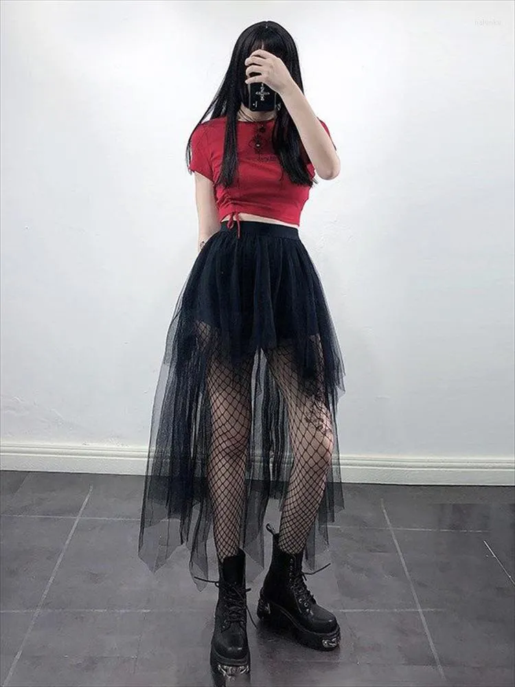 Skirts Vintage Gothic Black Mesh Long Mini Skirt Women Multilayer Irregular Dark Aesthetic Fairy Grunge Midi Punk Emo Alt Korean