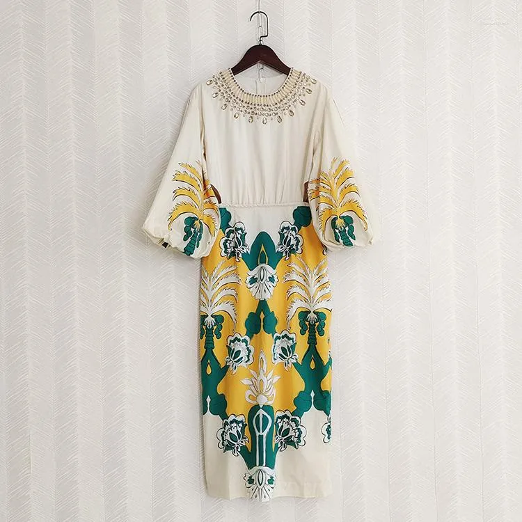 Casual klänningar Ankomst 2023 Spring Vintage Vestido O Neck Puff Sleeve Printed Women Dress Fashion Beading Diamonds Long