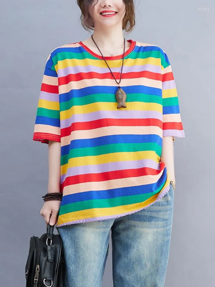 レディースTシャツレディースシャツカラーストライプ短袖の夏の女性Tシャツ特大の服Harajuku O-Neck Streetwear Tops