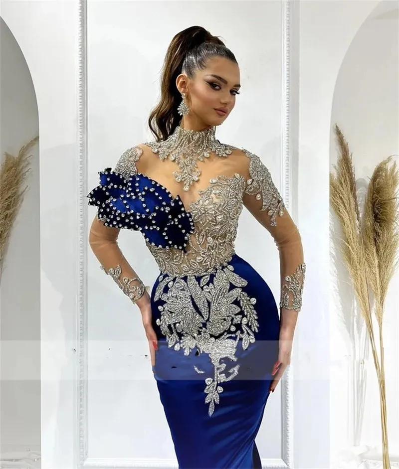 Royal Blue Mermaid Muslim Evening Party Dresses 2023 Crystals Rhinestones Illusion Sleeves Luxury Birthday Prom Gown For Dubai Women