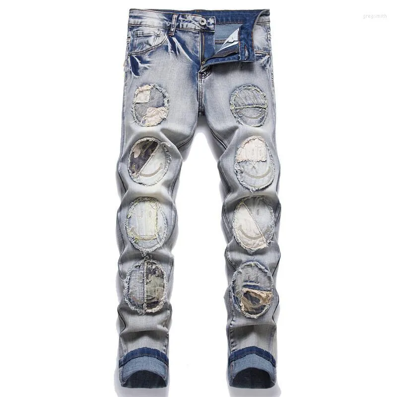 Męskie dżinsy punkowe spodnie w stylu z łatami moda Hi Street Rubled Denim Spodni Umyj niebieskie proste dno