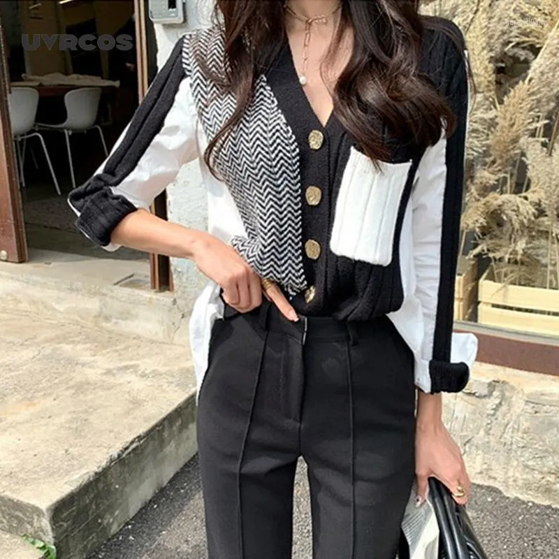 Women's Knits Patchwork Knitted Cardigan Cropped Sweater Gilet Korean Style Women Oversized Lazy Fall 2023