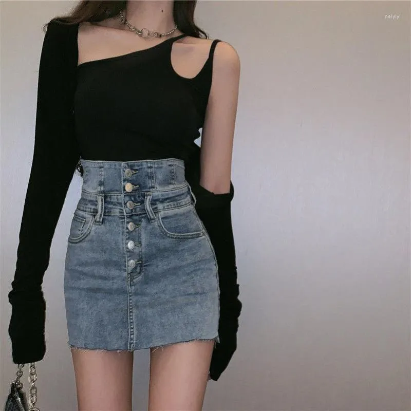 Skirts Retro Fringe-breasted Denim Skirt Female High-waisted Slim Slim-fit All-match A-line Package Hip Short Tide