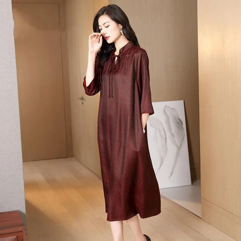 Casual Dresses Authentic Dress For Women Wear Skirt Female Early Spring Mother O Neck Solid Large Size Silk Long Sleeve Clothing Tops