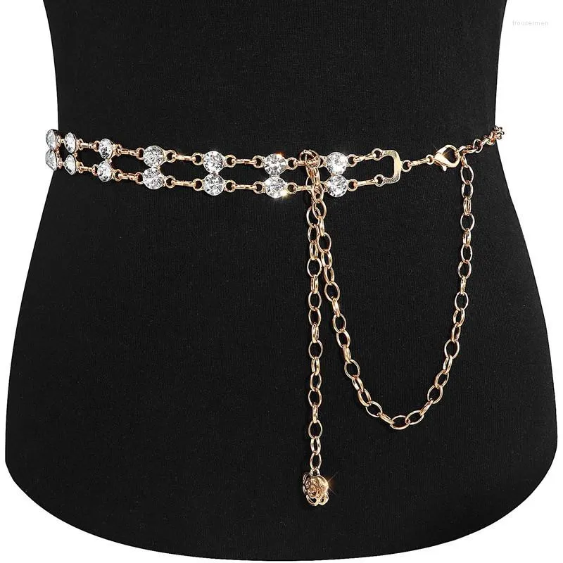 Cinturones de doble capa de Metal para mujer, cinturón de cadena elegante para decoración de vestidos, cinturones largos con diamantes de cristal, cuerpo ajustable