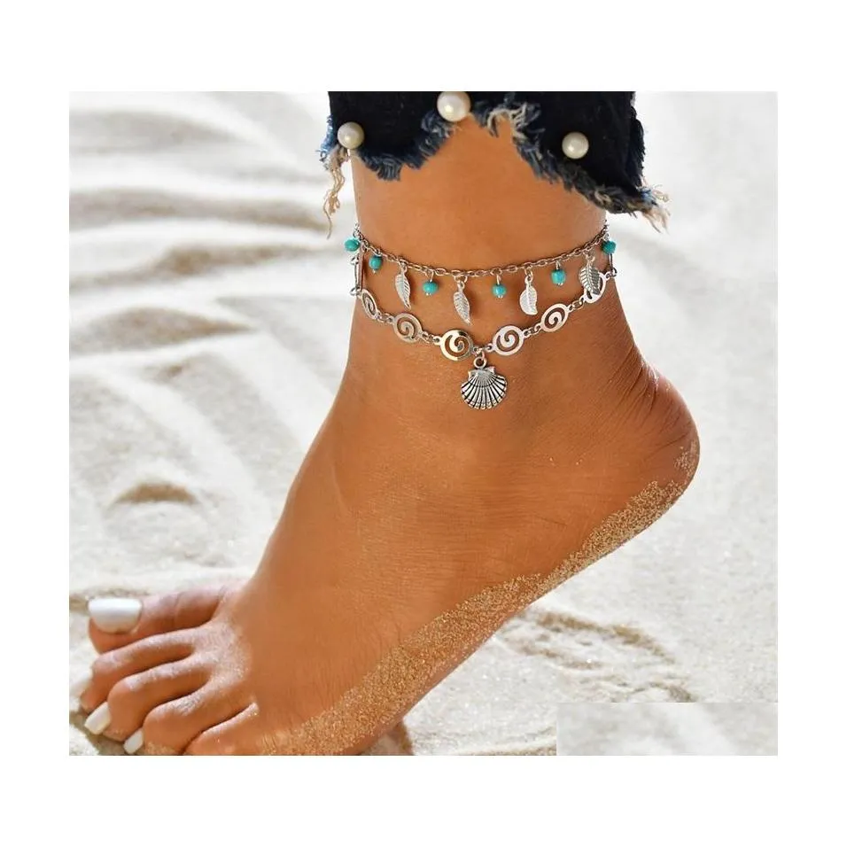 Anklets Leaf Leaf Mtilayer Anklet 체인 쉘 코끼리 인어 발 팔찌 여름 해변 여성 패션 보석 1939 T2 드롭 DERNK DHSNK