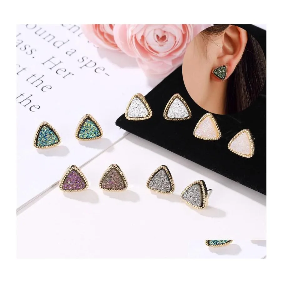 스터드 여성 삼각형 Druzy Earrings Girls Resin Stone Gold Earring 여성 패션 보석 선물 BK 드롭 배달 OTRML