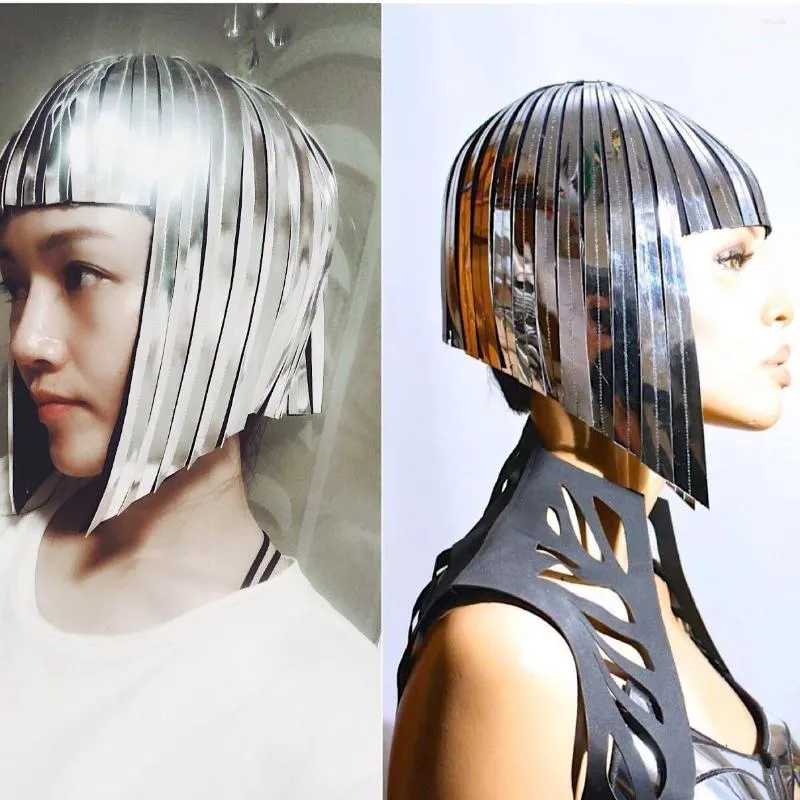 Sahne Giyim Cosplay Aksesuarları Metal Gümüş Peruk Gelecek Kadın Uzay Savaşçısı Gotik Headdress Parti Gece Clubwear Dansçı