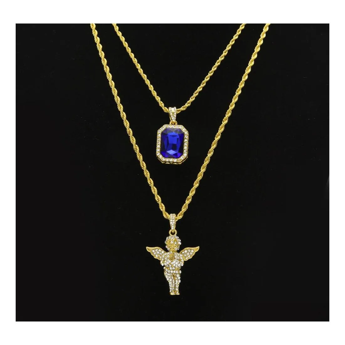 Anhänger Halsketten Herren Hip Hop Schmuck Sets Mini Quadrat Rubin Saphir FL Kristall Diamant Engelsflügel Goldkette Für Männliche Hiphop Drop Otnmd