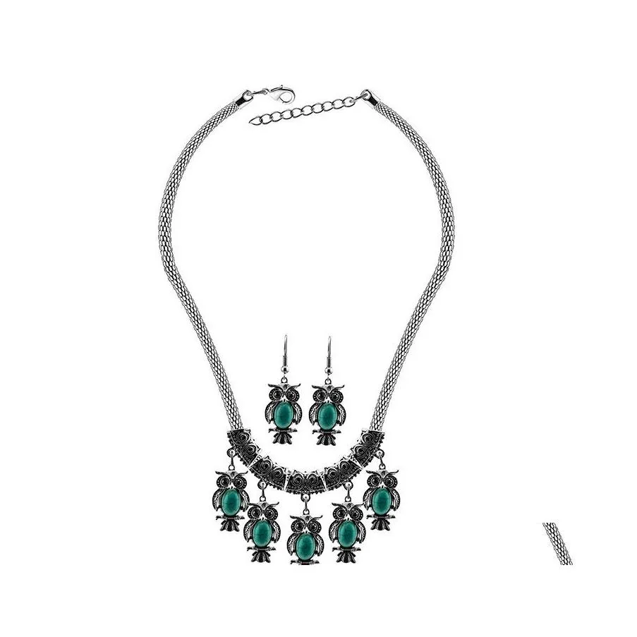 Earrings Necklace Fashion Ladies Jewelry Sets Vintage Owl Turquoise Statement Necklaces Set For Women Wholesale On Sale Drop Delive Otetr