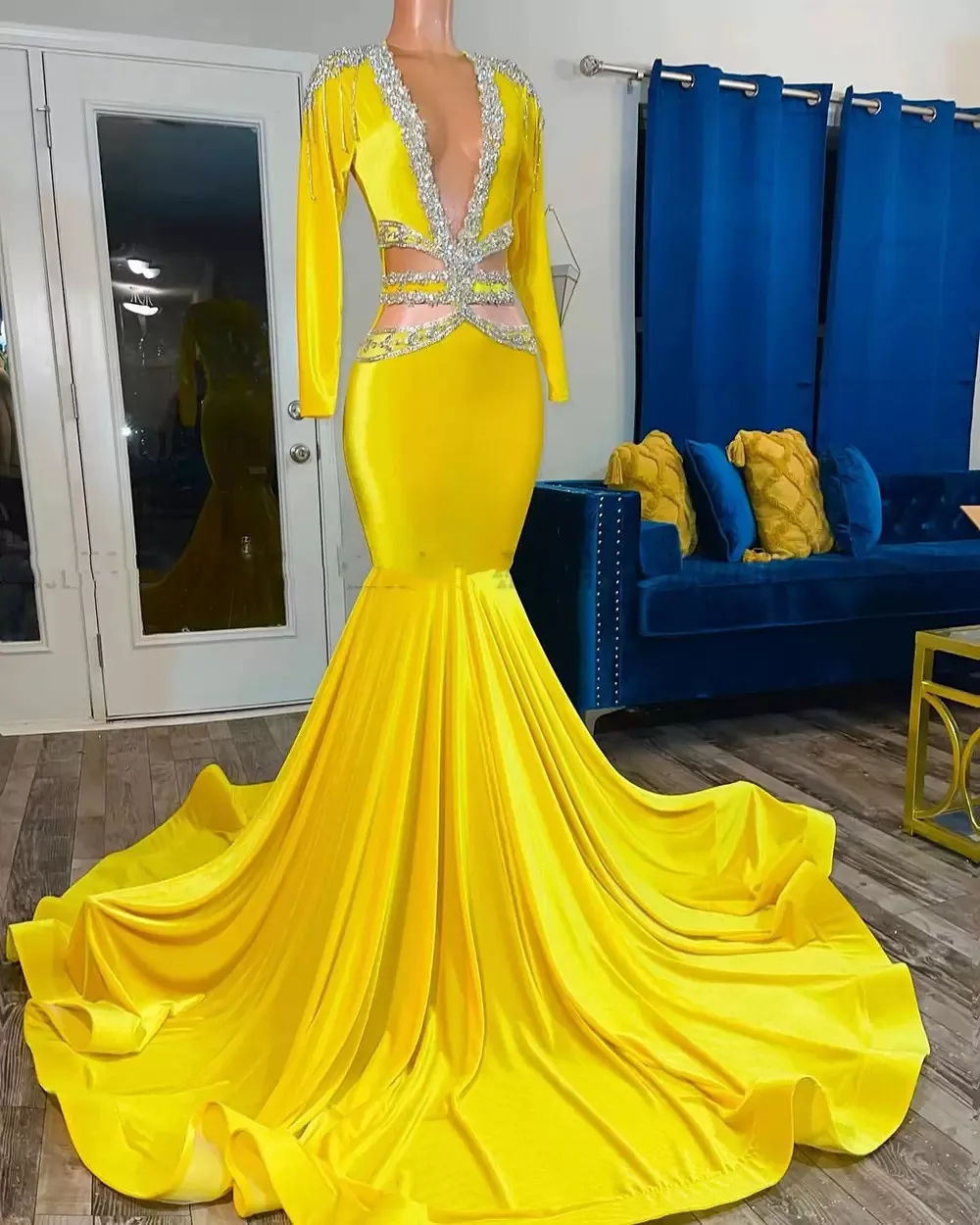 chinese dress ladies Yellow Satin Long Sleeve Prom Dresses Beaded Lace V-Neck Mother of the –  Viniodress main image 1