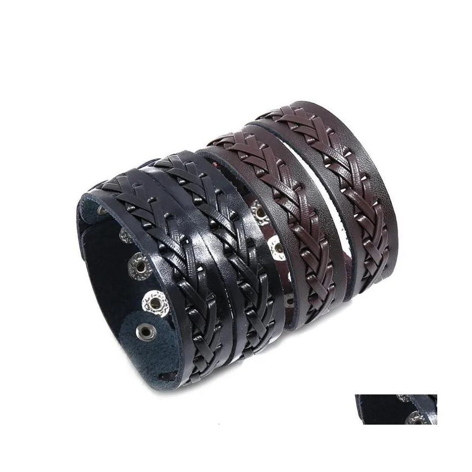 Charm Bracelets Punk Genuine Leather Bracelet For Men Wide Vintage Wrap Female Male Trendy Jewelry Drop Delivery Otupt