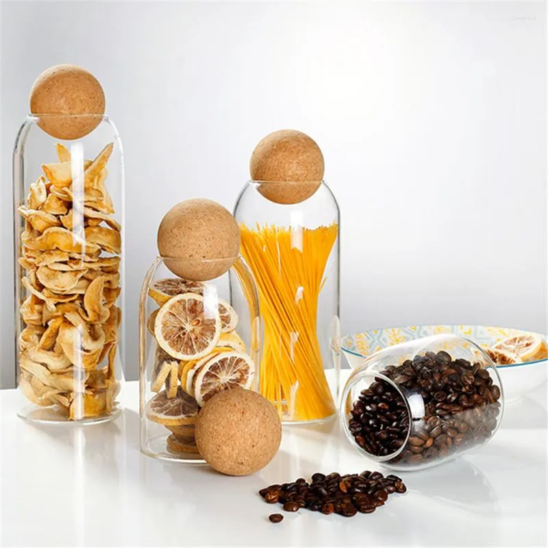 Bouteilles de stockage Boule de liège Bocaux en verre sans plomb avec couvercle Récipient de grains de café de céréales d'épices transparentes Boîte de thé scellée Cookie Suger Jar Bottle