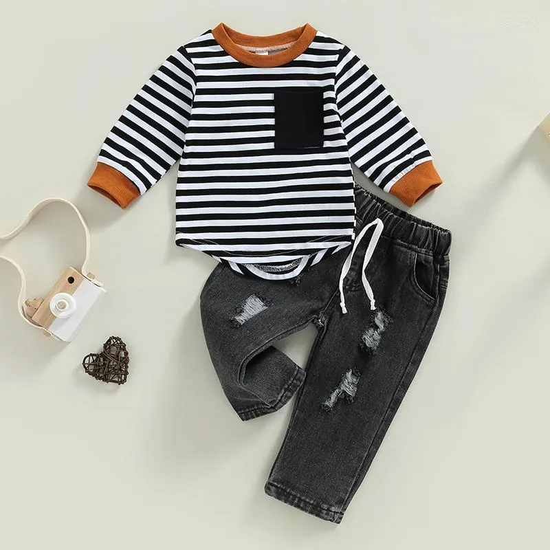 Clothing Sets Toddler Baby Boys Clothes Long Sleeve Round Neck Stripe Print T-Shirt Denim Ripped Pants Set Kids Sports Suits Outfits