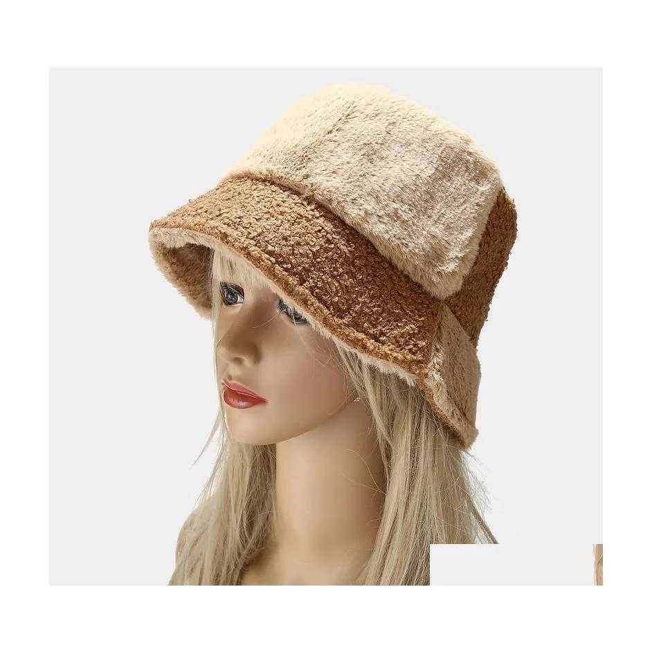 Geizige Krempe Hüte Casual Stitching Kontrastfarbe Kunstpelz Winter für Frauen Warme Eimer Hut Männer Fisherman Caps Drop Lieferung Mode Otbc9