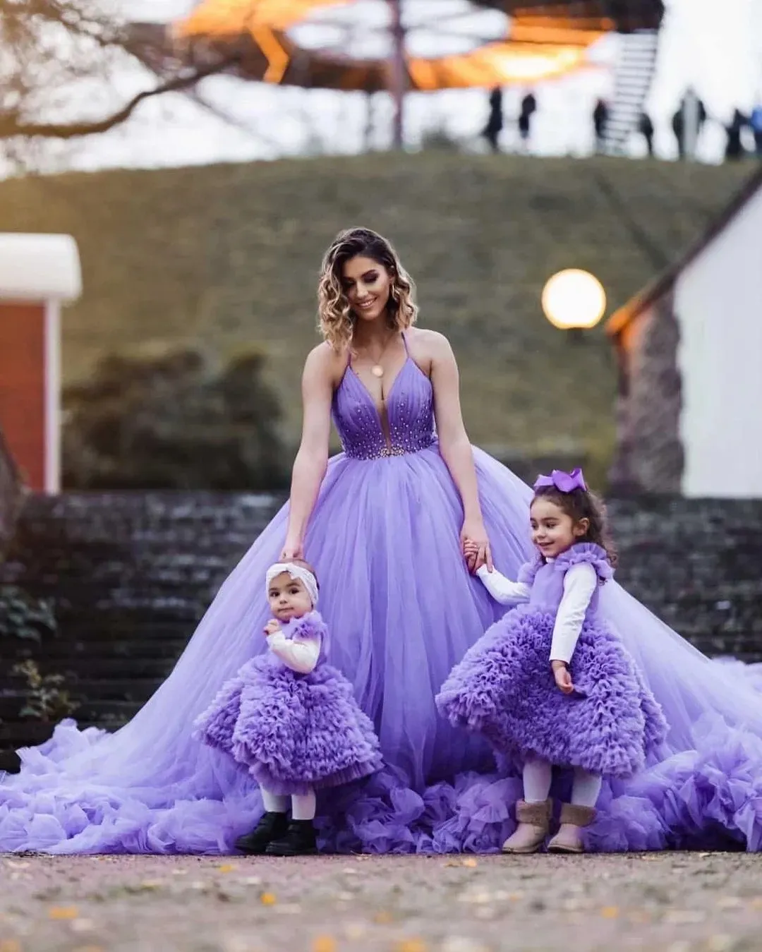 Princess Lavender Prom Dresses Crystals Extra Puffy Party Dresses Ruffles Spaghetti Straps Custom Made Evening Dress