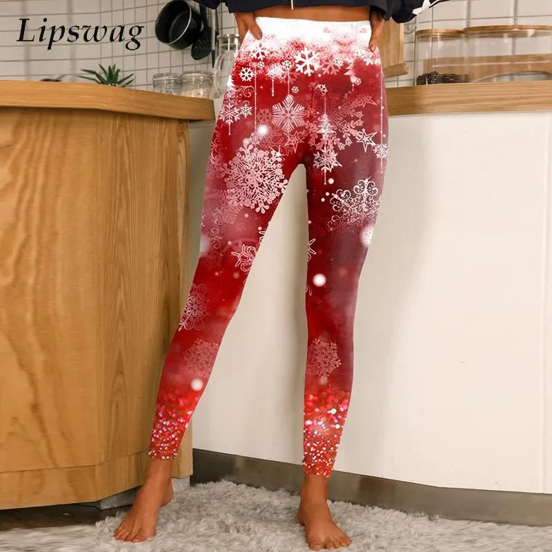 여자 레깅스 여성 캐주얼 스키니 탄성 레깅스 패션 레트로 크리스마스 테마 테마 인쇄 바디콘 바지 여자 높은 허리 연필 바지