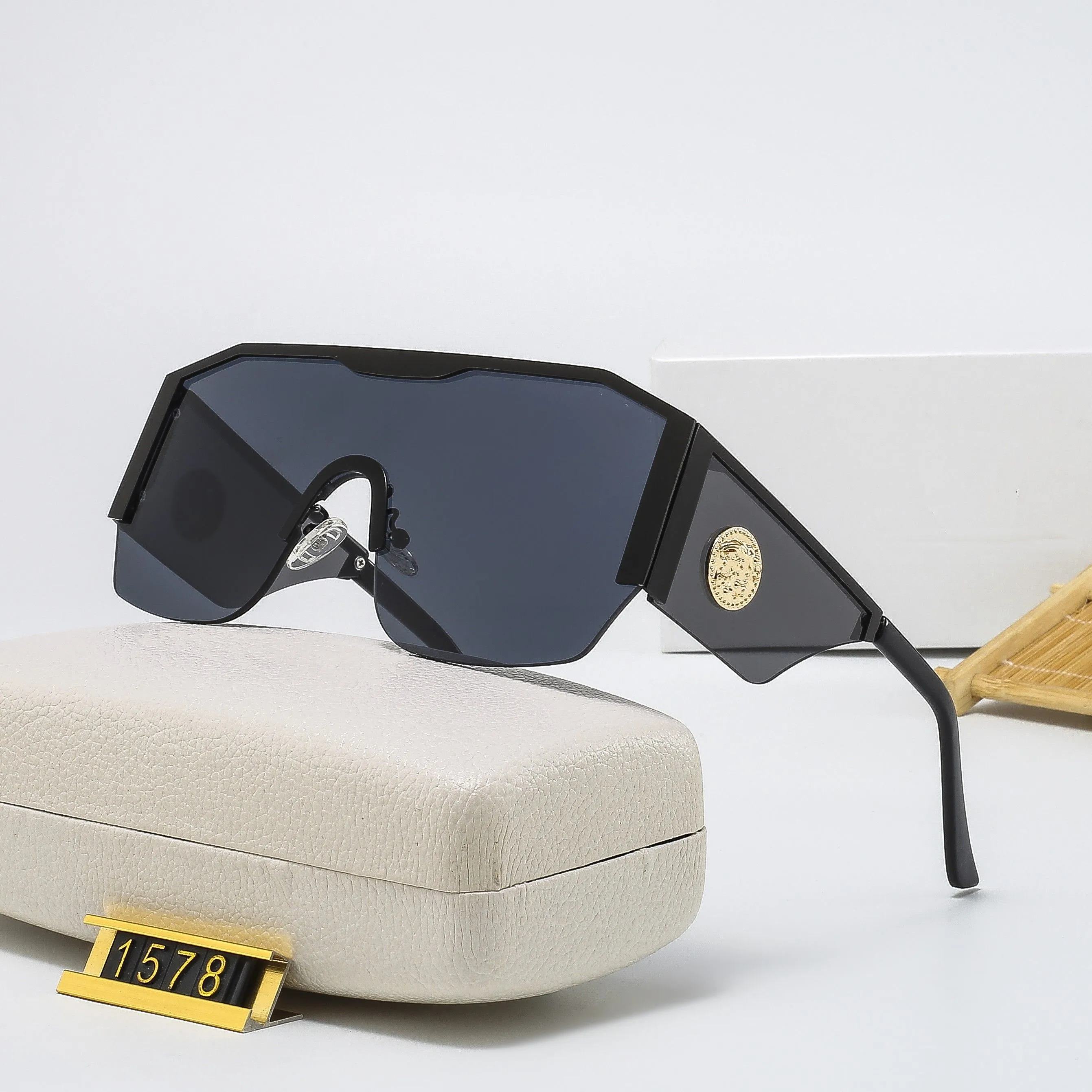 mens Goggle rimless sunglasses polaroid designs One-piece lens glasses frame senior Eyewear Vintage Metal model Sun Glasses With Box