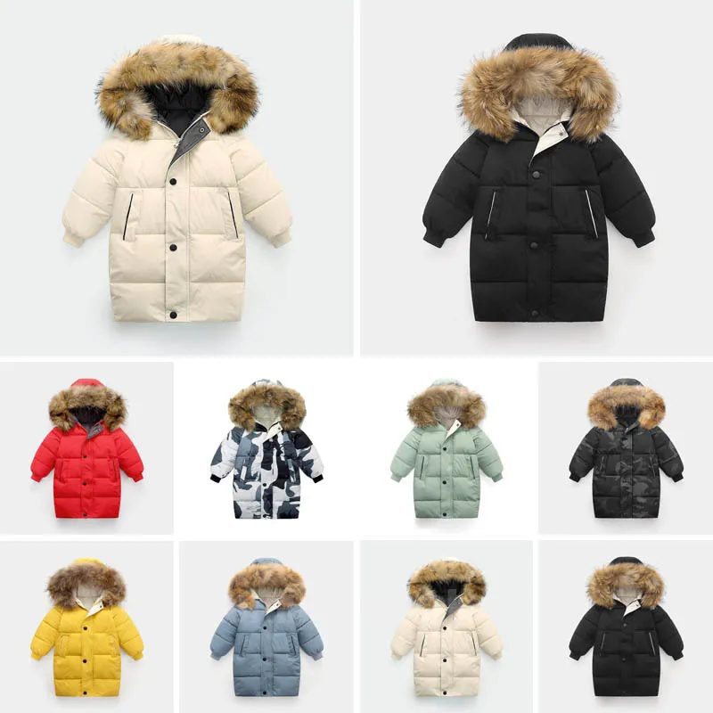 2023 Vinterdesigner Kids Coat Down Jacket For Boys Real Raccoon Päls Tjock varm baby Ytterkläder Rockar 2-15 pojkar flickor jackor år barn mode tonårsparka